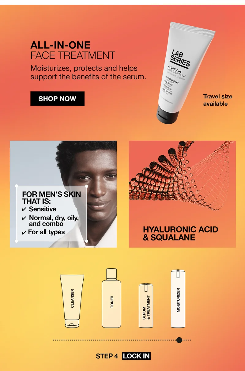 ALL-IN-ONE FACE TREATMENT | MOISTURIZES, PROTECTS AND HELPS SUPPORT THE BENEFITS OF THE SERUM.  | SHOP NOW | TRAVEL SIZE AVAILABLE | FOR MEN'S SKIN THAT IS: SENSITIVE, NORMAL, DRY, OILY, AND COMBO, FOR ALL TYPES |  HYALURONIC ACID AND SQUALANE | STEP 4 LOCK IN