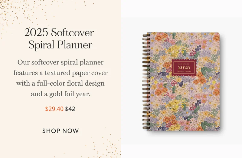 2025 softcover spiral planner. Our softcover spiral planner features a textured paper cover with a full-color floral design and a gold foil year. SHOP NOW