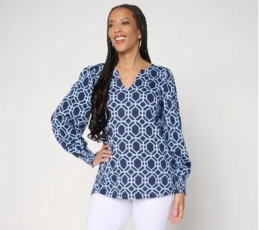 Belle by Kim Gravel Slub Knit Smocked Sleeve Printed Top