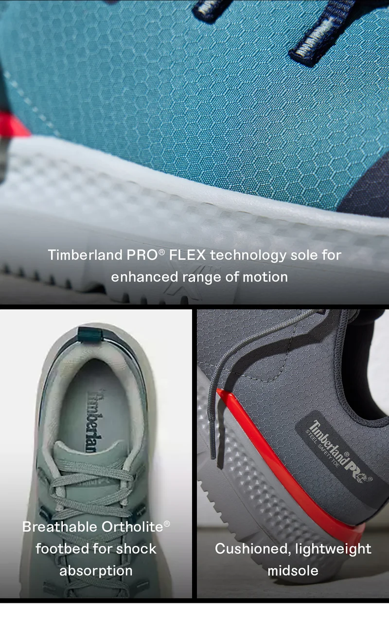 Timberland PRO FLEX technology sole for enhanced range of motion. Breathable Ortholite footbed for shock absorption. Cushioned, lightweight midsole
