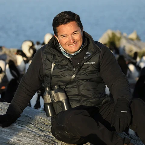 Photograph of Dr. Pablo Borboroglu among Rockhopper penguins.