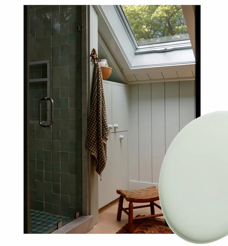 Kids' adjoining bathroom color drenched in paint color Rain Check