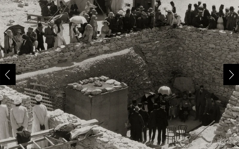 A press conference being held at the tomb of pharaoh Tutankhamun.