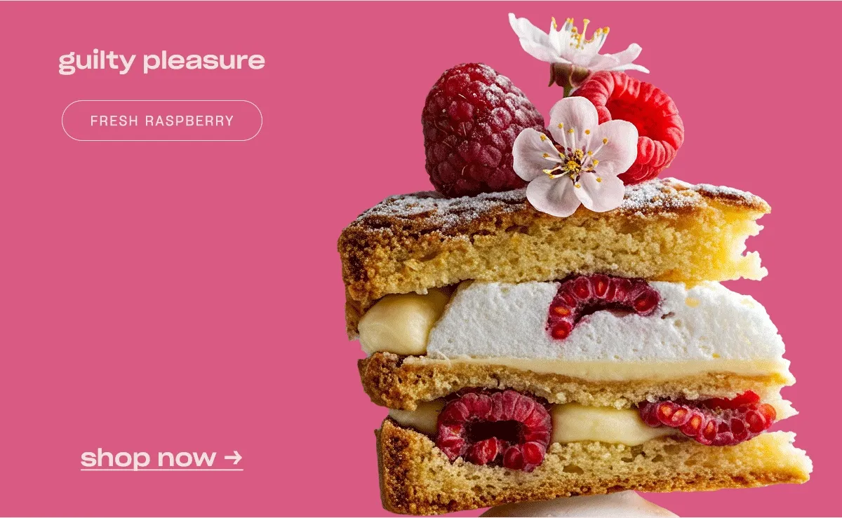 guilty pleasure fresh raspberry whipped meringue almond cake cherry blossom powdered sugar vanilla bean butter