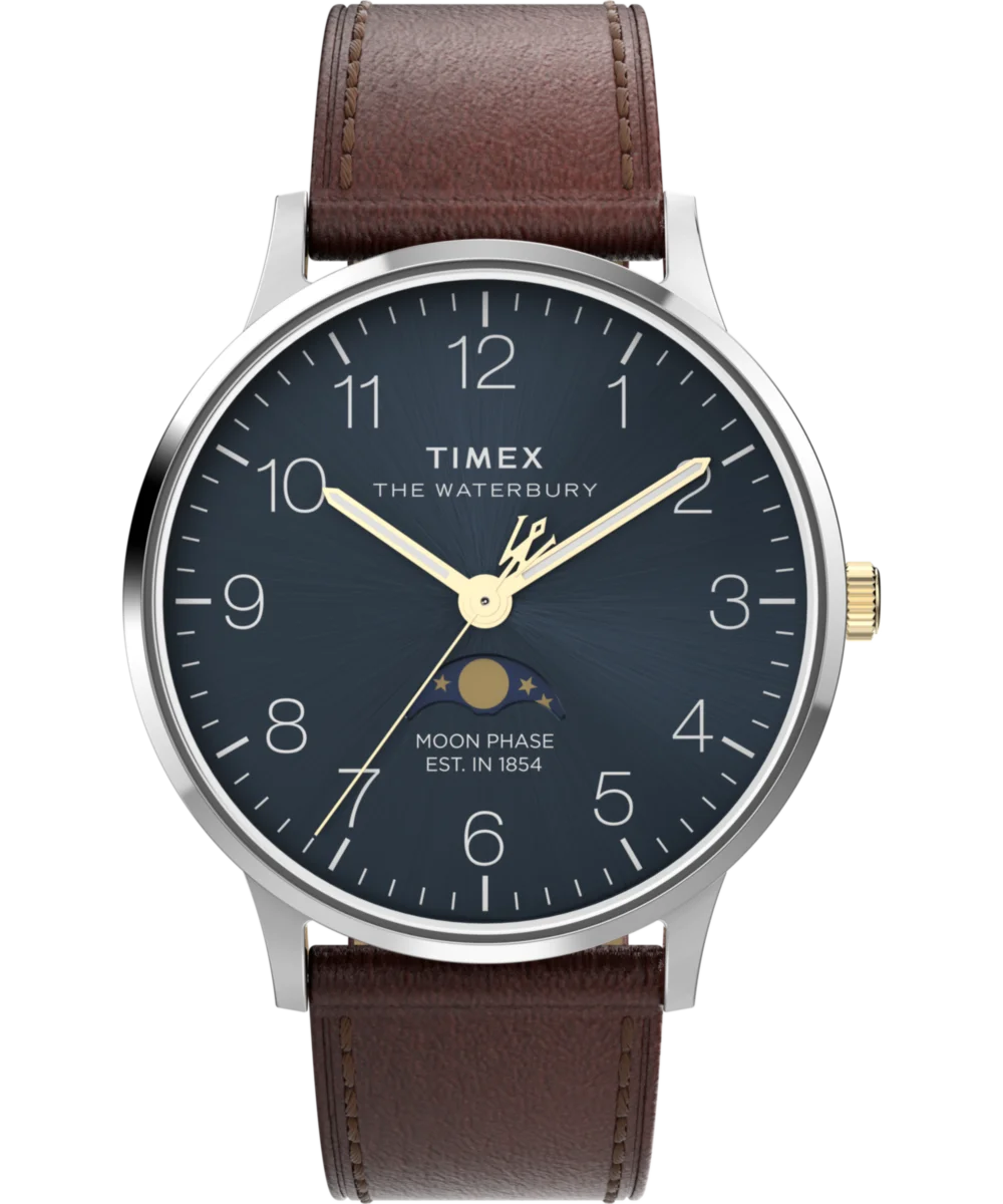 Image of Waterbury Classic Moon Phase 40mm Leather Strap Watch