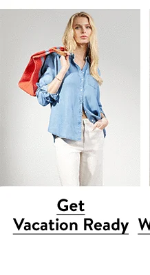 A woman wearing a blue button-front shirt with white pants and sandals.
