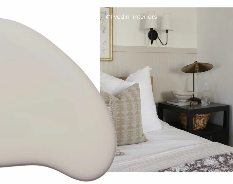 Beadboard painted Beigeing behind bed