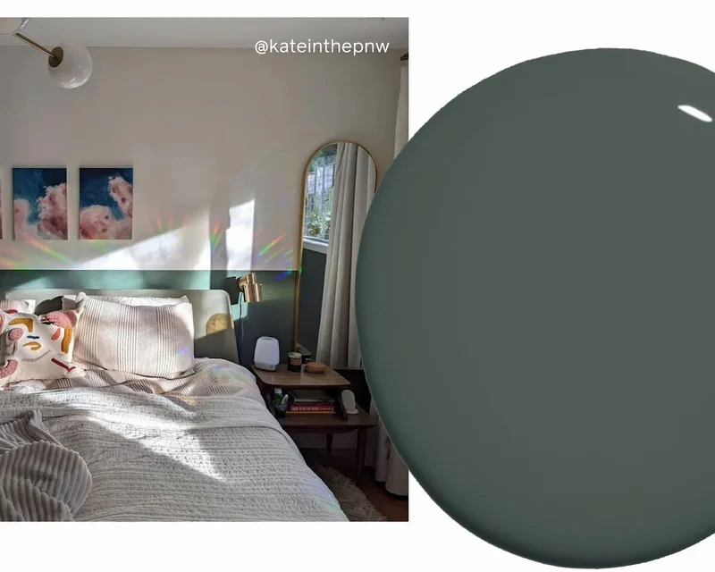 Half accent wall painted with Current Mood in bedroom