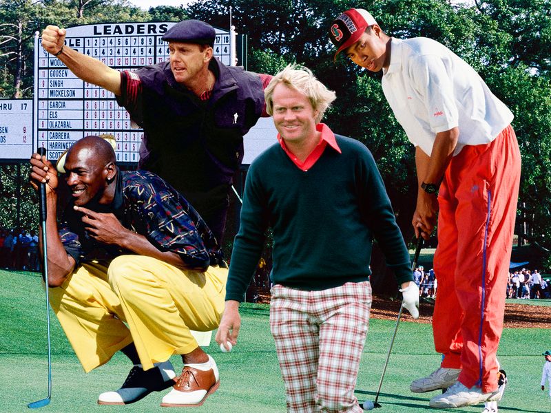 Image may contain: Michael Jordan, Jack Nicklaus, Tiger Woods, Payne Stewart, Clothing, Glove, Field, Hat, Footwear, and Shoe
