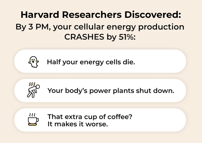 Harvard Researchers Discovered By 3 PM, your cellular energy production CRASHES by 51% Half your energy cells die. Half your energy cells die. Yor Body's power plants shut down. That extra cup of coffee? It Makes it worse.
