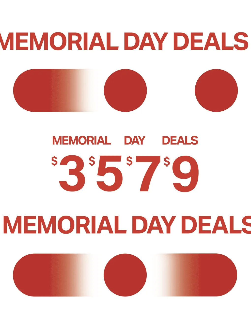 Memorial Day Deals in bold red text, featuring potential savings of $3, $5, $7, $9. Shop now!