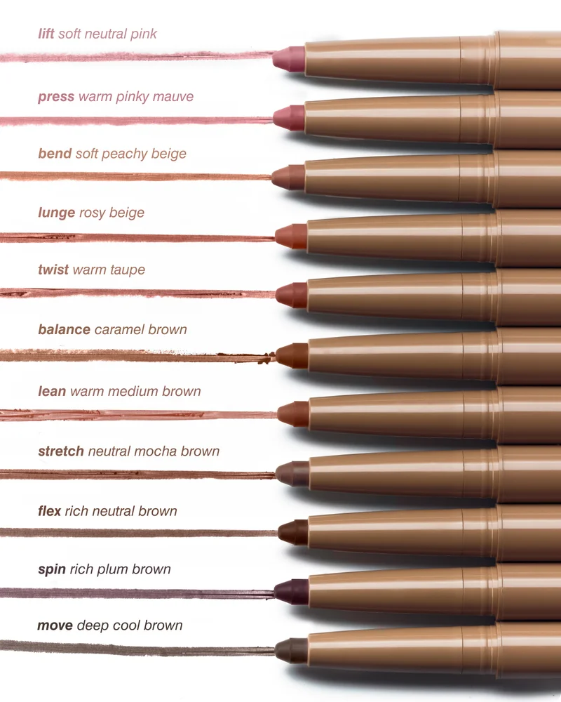 lift: soft neutral pink, press: warm pinky mauve, bend: soft peachy beige, lunge: rosy beige, twist: warm taupe, balance: caramel brown, lean: warm medium brown, stretch: neutral mocha brown, flex: rich neutral brown, spin: rich plum brown, move: deep cool brown