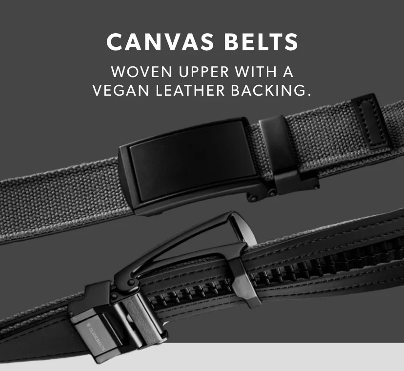 CANVAS BELTS. WOVEN UPPER WITH A VEGAN LEATHER BACKING. CANVAS BELTS. WOVEN UPPER WITH A VEGAN LEATHER BACKING.