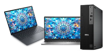 Images of two Dell laptops and one desktop computer with limited-time offers.