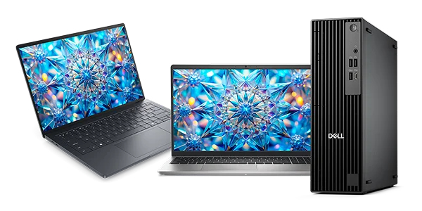 Images of two Dell laptops and one desktop computer with limited-time offers.