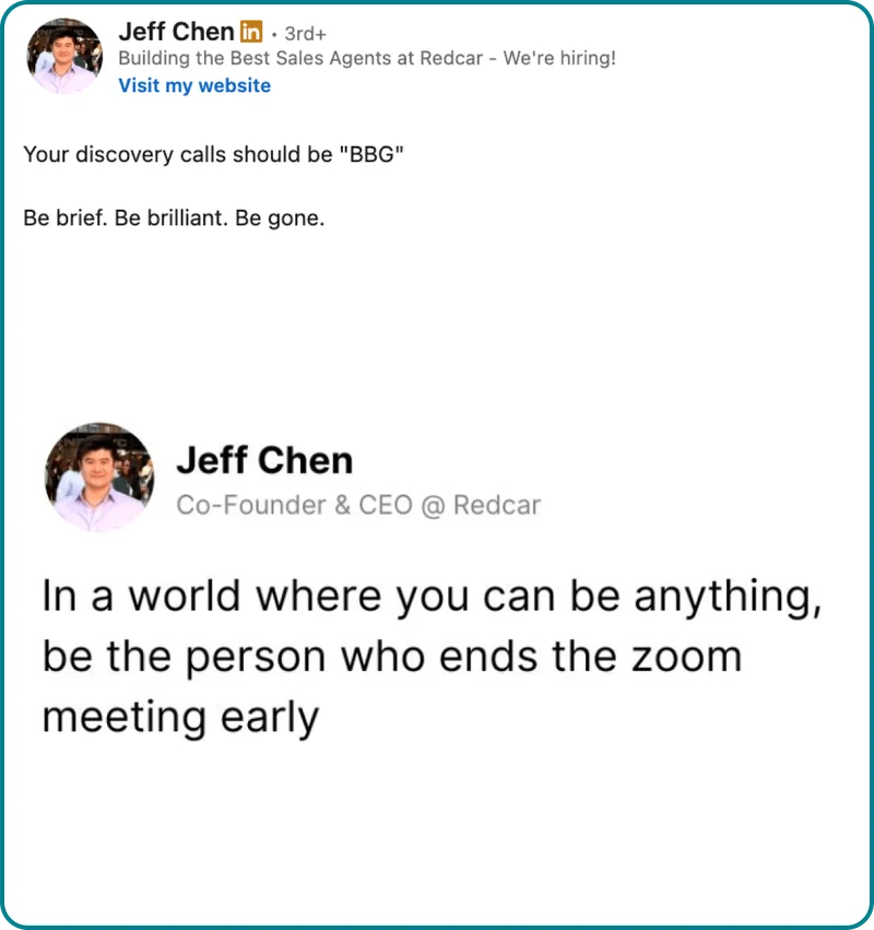 Linked in post from Jeff Chen which says