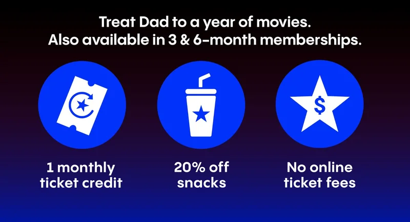 Treat Dad to a year of movies. Also available in 3 & 6-month memberships | 1 monthly ticket credit | 20% off snacks | No online ticket fees