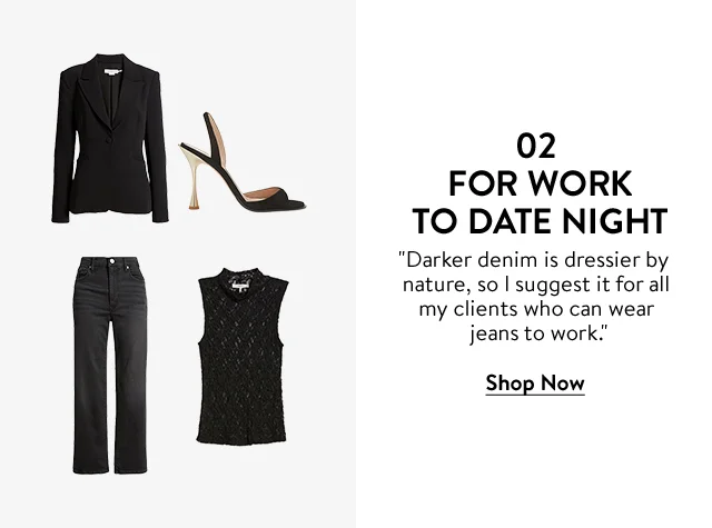 Good American Sculpting Blazer; FRAME Top; FRAME Straight-Leg Jeans; and BETZÁBE Slingback Sandals.
