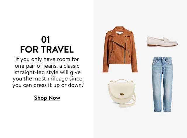 Treasure & Bond Suede Jacket; Clare V. Crossbody Bag; Levi's Straight-Leg Jeans; and Veronica Beard Penny Loafers.