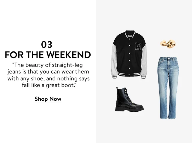 Noisy may Varsity Jacket; Jenny Bird Single Ear Cuff; AG Slim Jeans; and AllSaints Combat Boots.