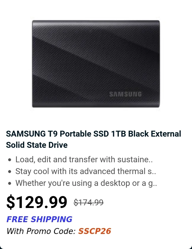 SAMSUNG T9 Portable SSD 1TB Black External Solid State Drive
