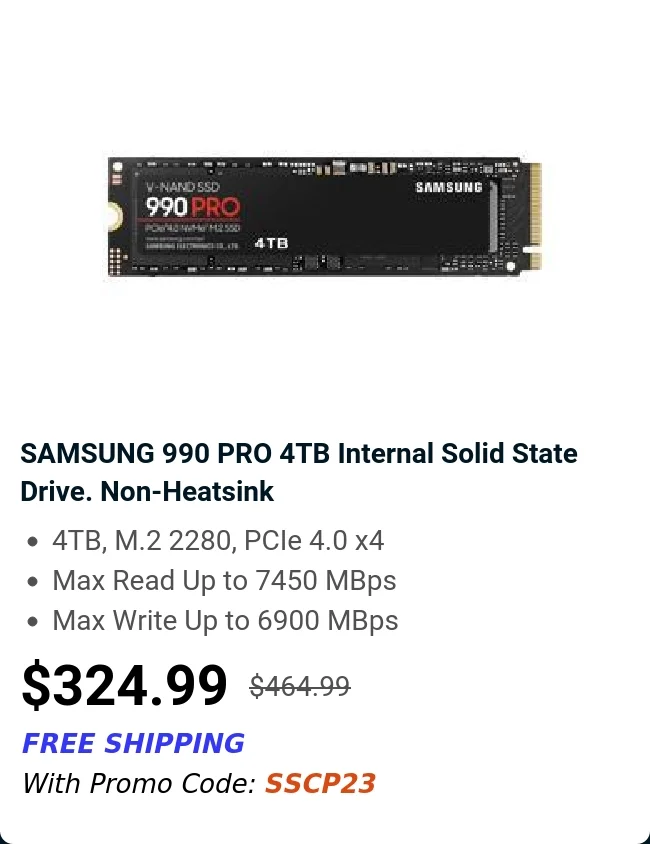 SAMSUNG 990 PRO 4TB Internal Solid State Drive. Non-Heatsink
