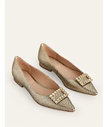 Jewelled-Buckle Flats - Gold Metallic