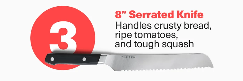 8″ Serrated Knife Handles crusty bread, ripe tomatoes,  and tough squash