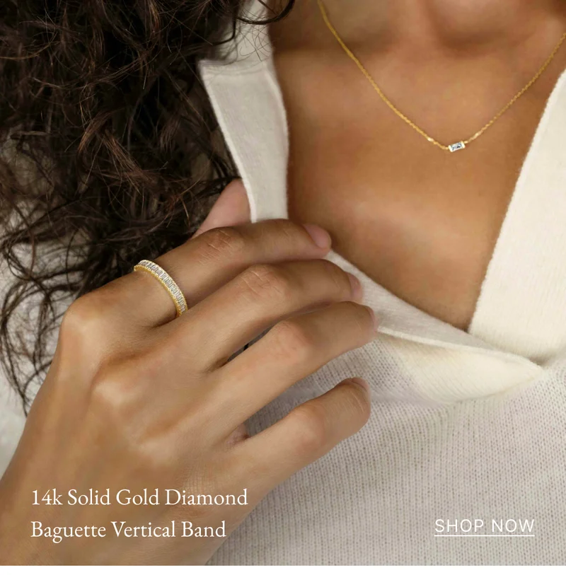 14k Solid Gold Diamond Baguette Vertical Band