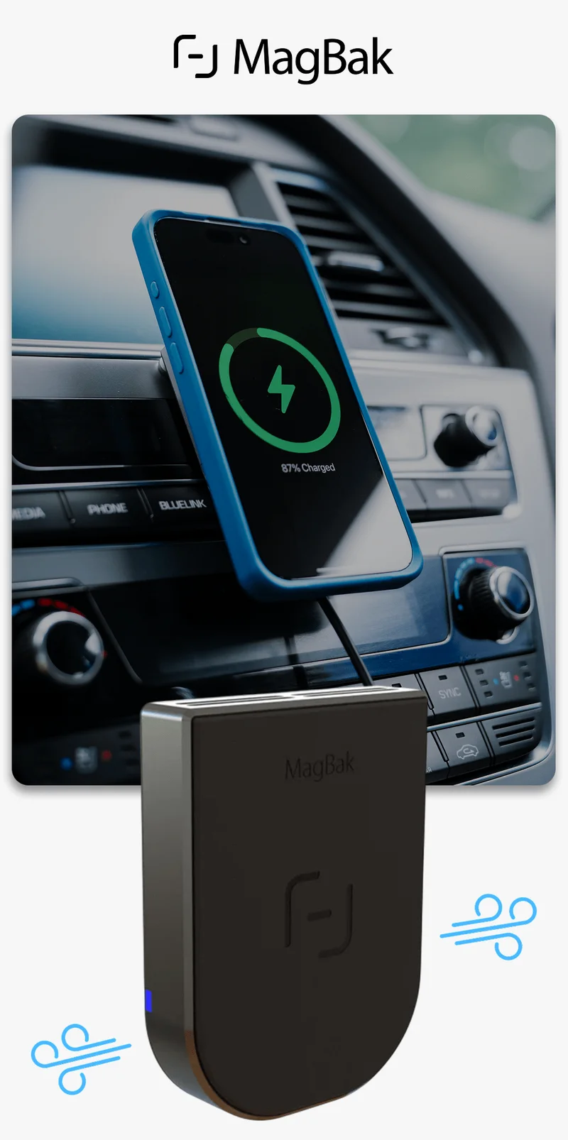 The Coolest Car Charger for Hot Summers Keeps your phone cool even when the temps rise. Built-in cooling fan for fast, safe charging plus an aluminum body for maximum heat dissipation. All with a simple MagStick install — just snap on & done.