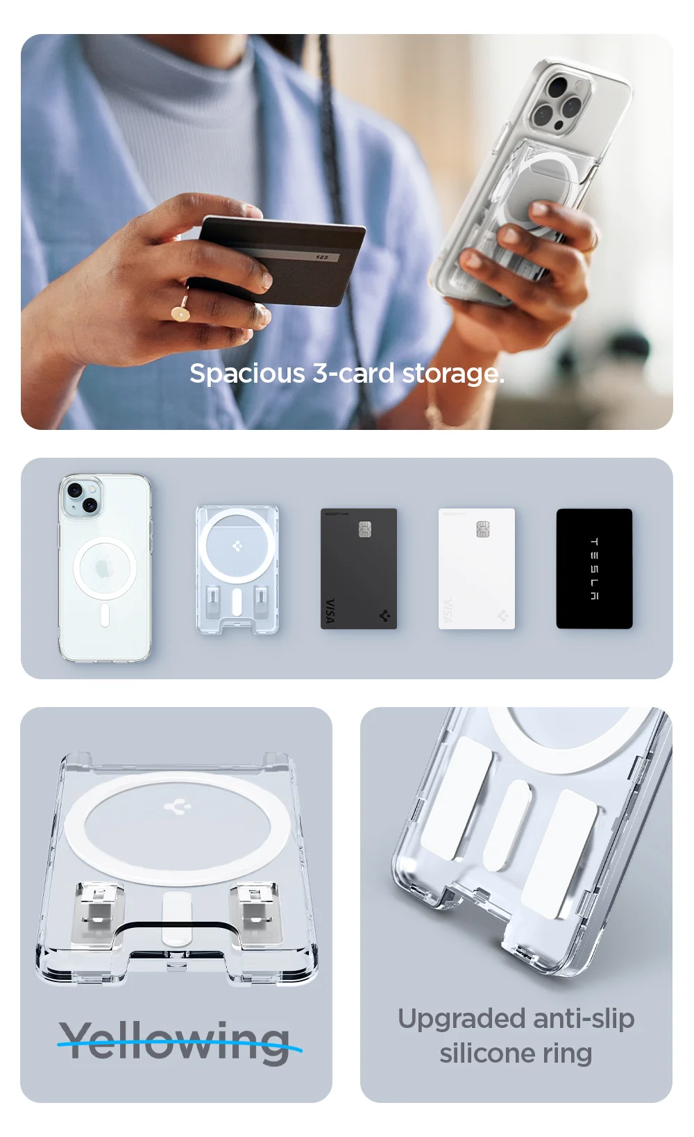 Spacious 3-card storage, anti-yellowing material, and upgraded anti-slip silicone ring.