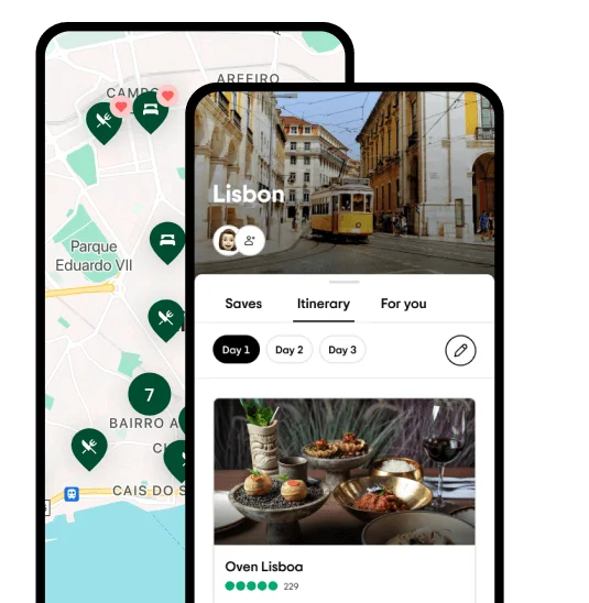 Image description: Two phone screens, the one on the left shows a map of Lisbon with multiple icons throughout, and the screen on the right shows an itinerary for Lisbon.