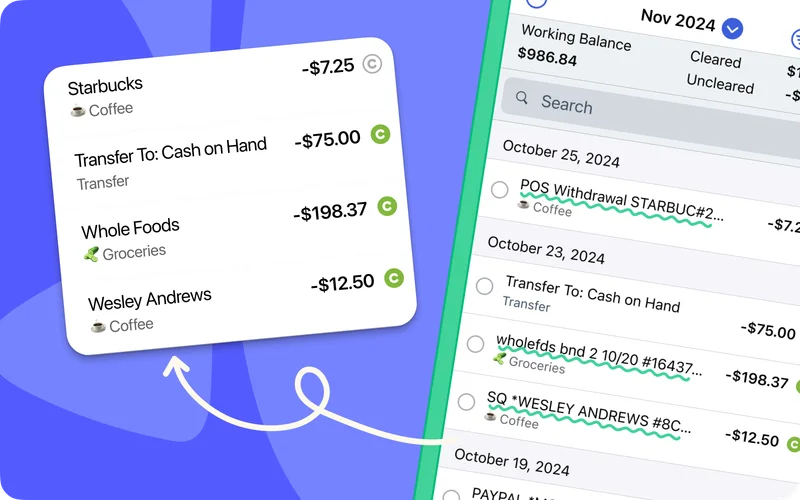 Mobile app showing wordy, confusing payees with overlaid image of the straight forward cleansed payees