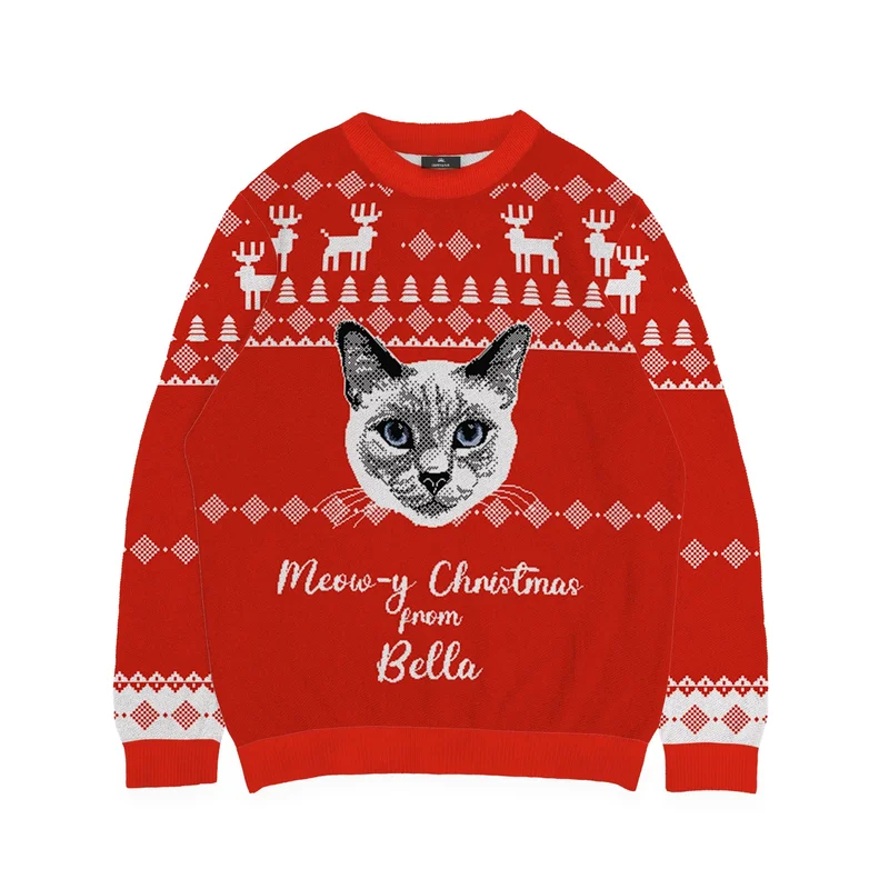 Image of Reindeer Pattern Cat Face Christmas Sweater