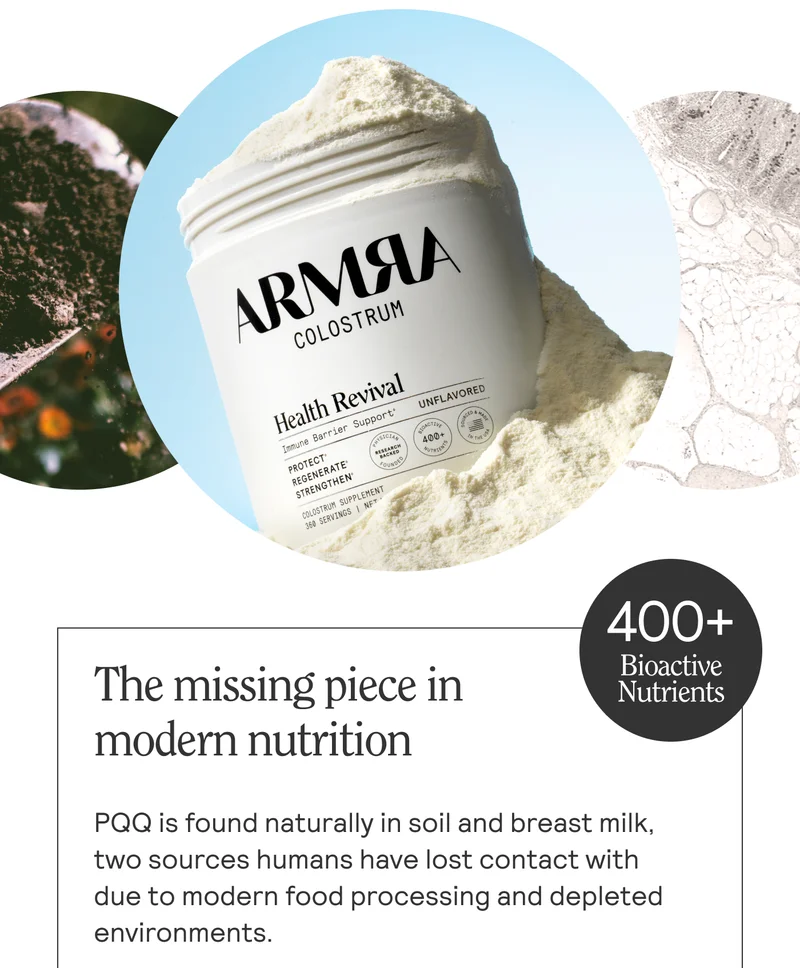 The missing piece in modern nutrition. PQQ is found naturally in soil and breast milk, two sources humans have lost contact with due to modern food processing and depleted environments.