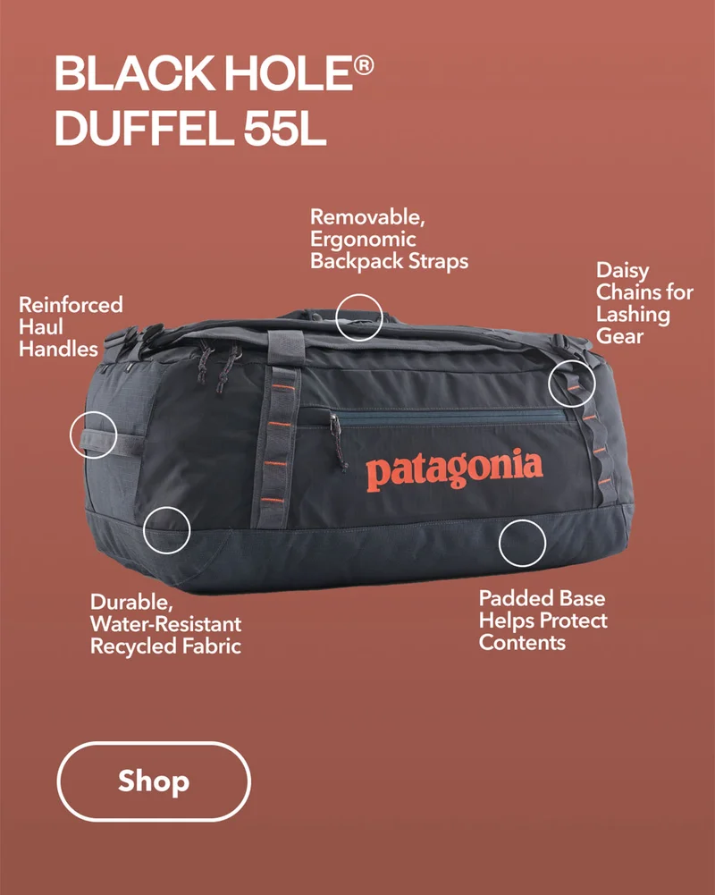 Black Hole Duffel 55L. Details include: Durable, Water-Resistant Recycled Fabric, Reinforced Haul Handles, Removable Ergonomic Backpack Straps, Daisy Chains for Lashing Gear and a Padded Base that Helps Protect the  Contents. Shop the duffel.
