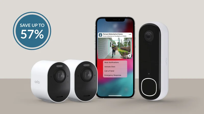 Up to 57% off. Arlo Pro 5S 2K Wireless Security Cameras and an Arlo Video Doorbell 2K next to a phone displaying a simulated screen image of an Arlo Secure notification.