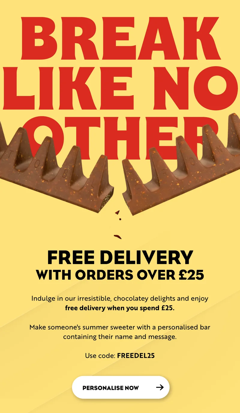 Free delivery on orders over £25. Indulge in our irresistible chocolatey delights and enjoy free delivery when you spend £25. Make some's summer sweeter with a personalised bar with their name and message. use code: FREEDEL25