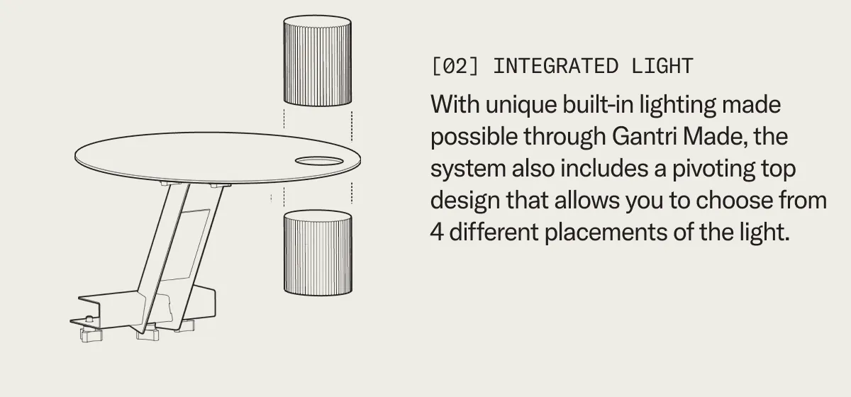 The system includes an adjustable table design with a unique built-in lighting made possible through Gantri Made.