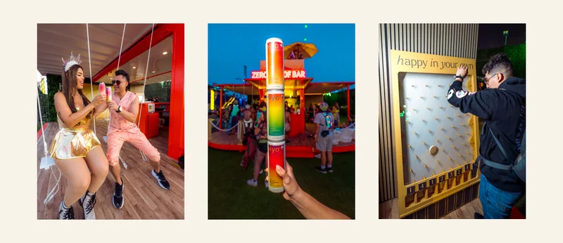 photos from edc las vegas, including friends on swing set, a stack of hiyo beverages, and someone playing plinko game.