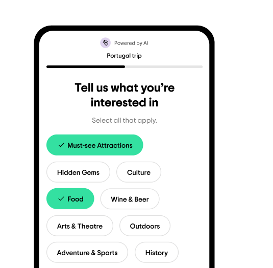 Image Description: A phone screen featuring the Tripadvisor AI Trip Builder—where a traveler has selected interests like “Must-see Attractions” and “Food” while generating a Portugal itinerary