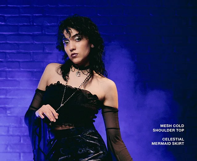 Cosmic Aura. Mesh Could Shoulder Top and Celestial Mermaid Skirt Shown