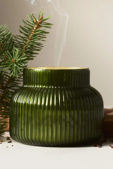 Capri Blue Woody Fir & Firewood Glass Candle