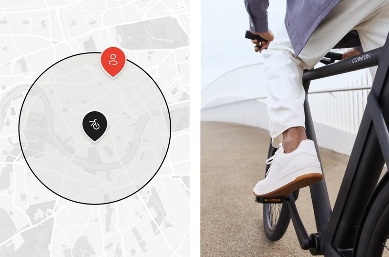 Two pictures. The map of our test rides and a Cowboy 4 rider pushing on the pedals.