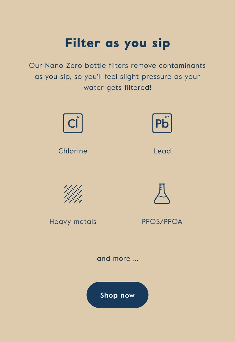 LARQ Bottle Filtered. Our Nano Zero bottle filters remove contaminants as you sip, so you'll feel slight pressure as your water gets filtered!