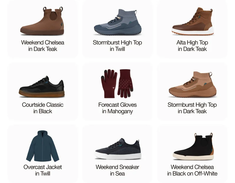 Weekend Chelsea in Dark Teak. Stormburst High Top in Twill. Alta High Top in Dark Teak. Courtside Classic in Black. Forecast Gloves in Mahogany. Stormburst High Top in Dark Teak. Overcast Jacket in Twill. Weekend Sneaker in Sea. Weekend Chelsea in Black on Off-White.