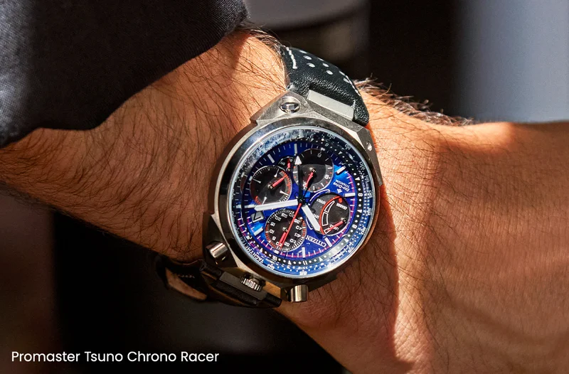 Closeup of the Promaster Tsuno Chrono Racer AV0088-01L