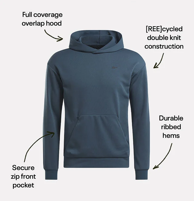 Full coverage overlap hood | [REE]cycled double knit construction | Secure zip front pocket | Durable ribbed hems