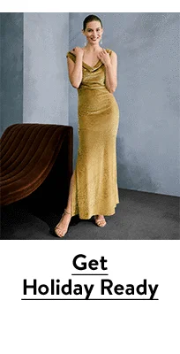 A woman wearing a gold gown.
