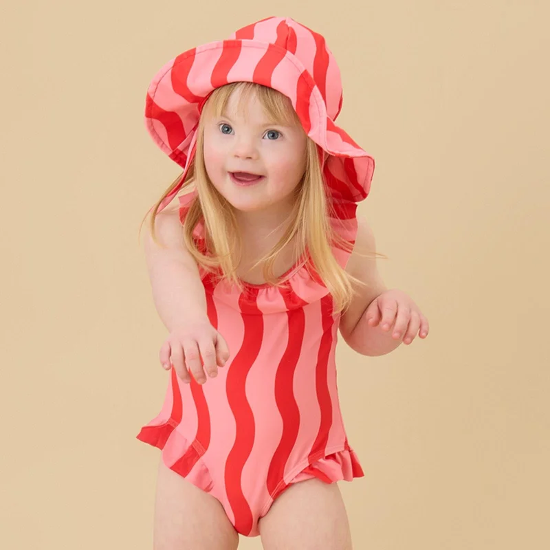 Image of KIDLY by MORI Frill Neck Swimsuit - Pink Wavy Stripe